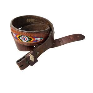 REI Beaded Leather Belt 30 Brown Colorful Stitched Western Southwest *No Buckle